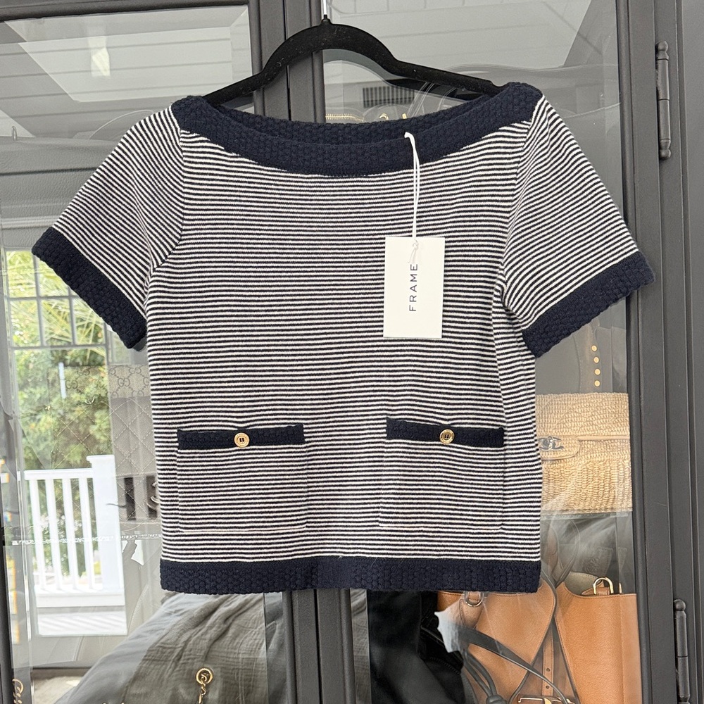 Frame Denim Navy and White Striped Short Sleeve Sweater